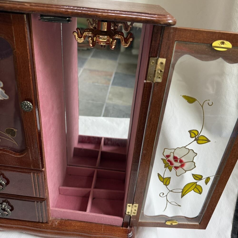 Large Vintage Wooden Jewelry Box Trinket Organizer Storage hand painted flowers - Picture 10 of 15